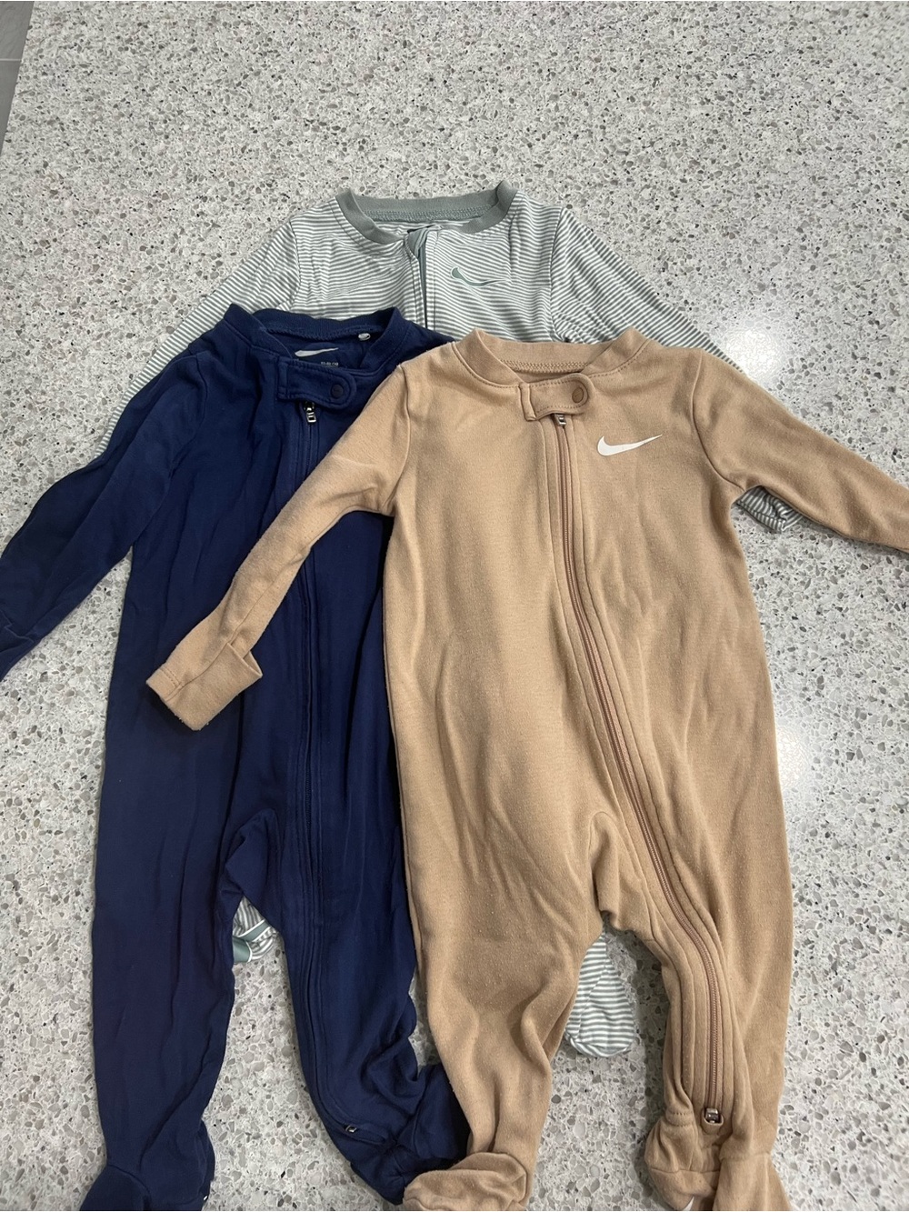 Nike Kids Footed One-Piece Sleepers in Tan, Navy & Gray Stripe